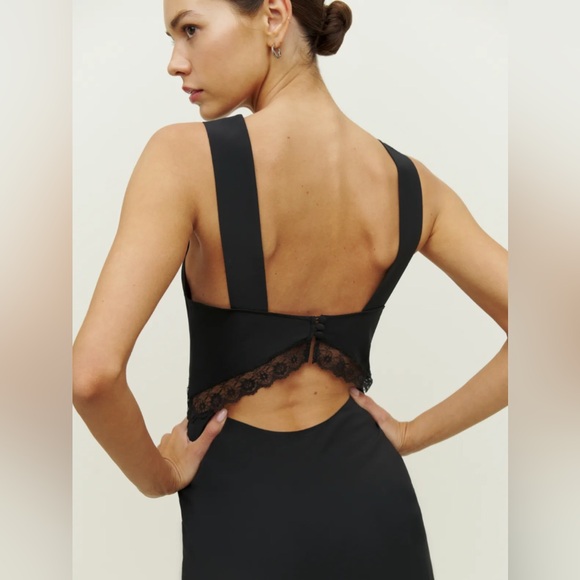 Reformation 100% Silk Black Lace Trim Midi Dress BNWT - Picture 4 of 8